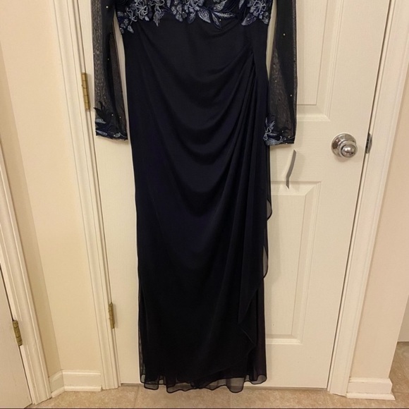 XSCAPE Lace Embroidered Sheer Long Sleeve Gown in Navy Blue - Picture 6 of 11